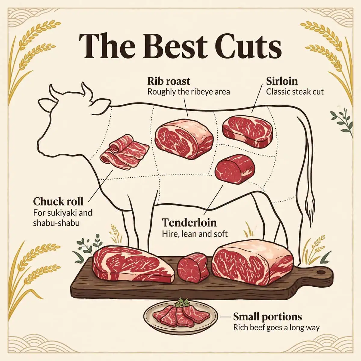 Illustration der besten Fleischstücke von Oita Wagyu: Sirloin, Hochrippe, Filet und Chuck Roll