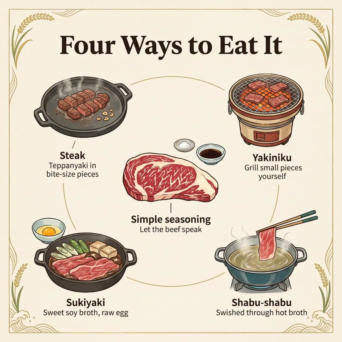 Illustration von vier Arten, Oita Wagyu zu essen: Steak, Yakiniku, Sukiyaki und Shabu-Shabu