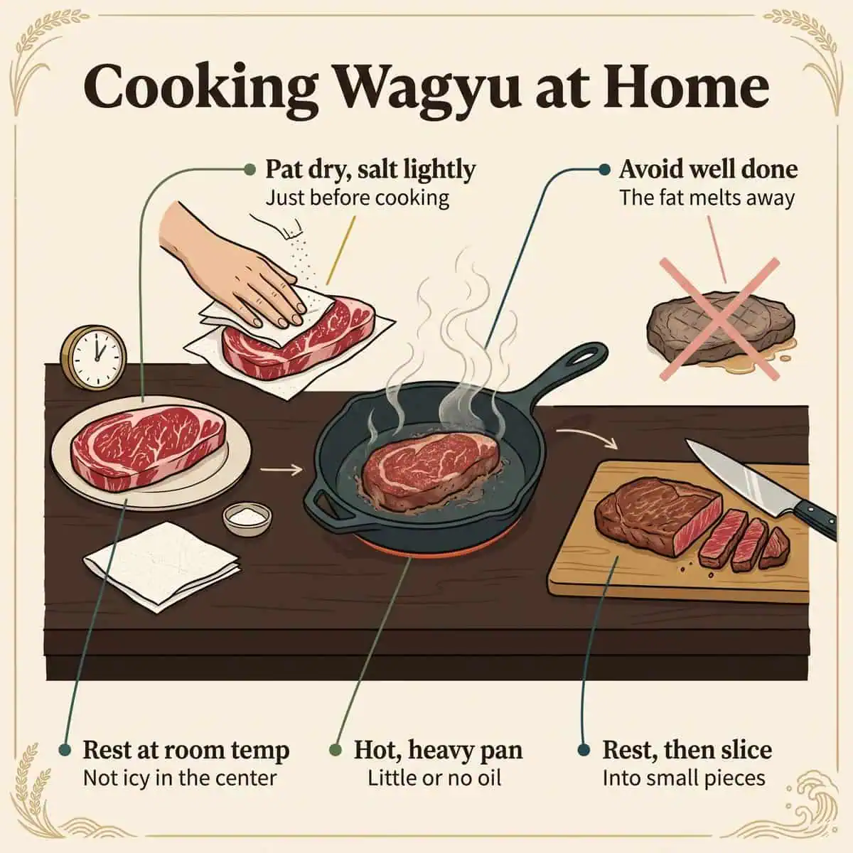 Illustration der Zubereitung von Wagyu zu Hause: ruhen lassen, salzen, in einer heißen schweren Pfanne anbraten, ruhen lassen und aufschneiden