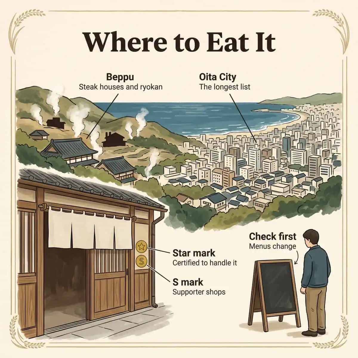 Illustration, wo man Oita Wagyu in Oita City und Beppu essen kann, mit Stern und S-Zeichen an einer Restauranttür