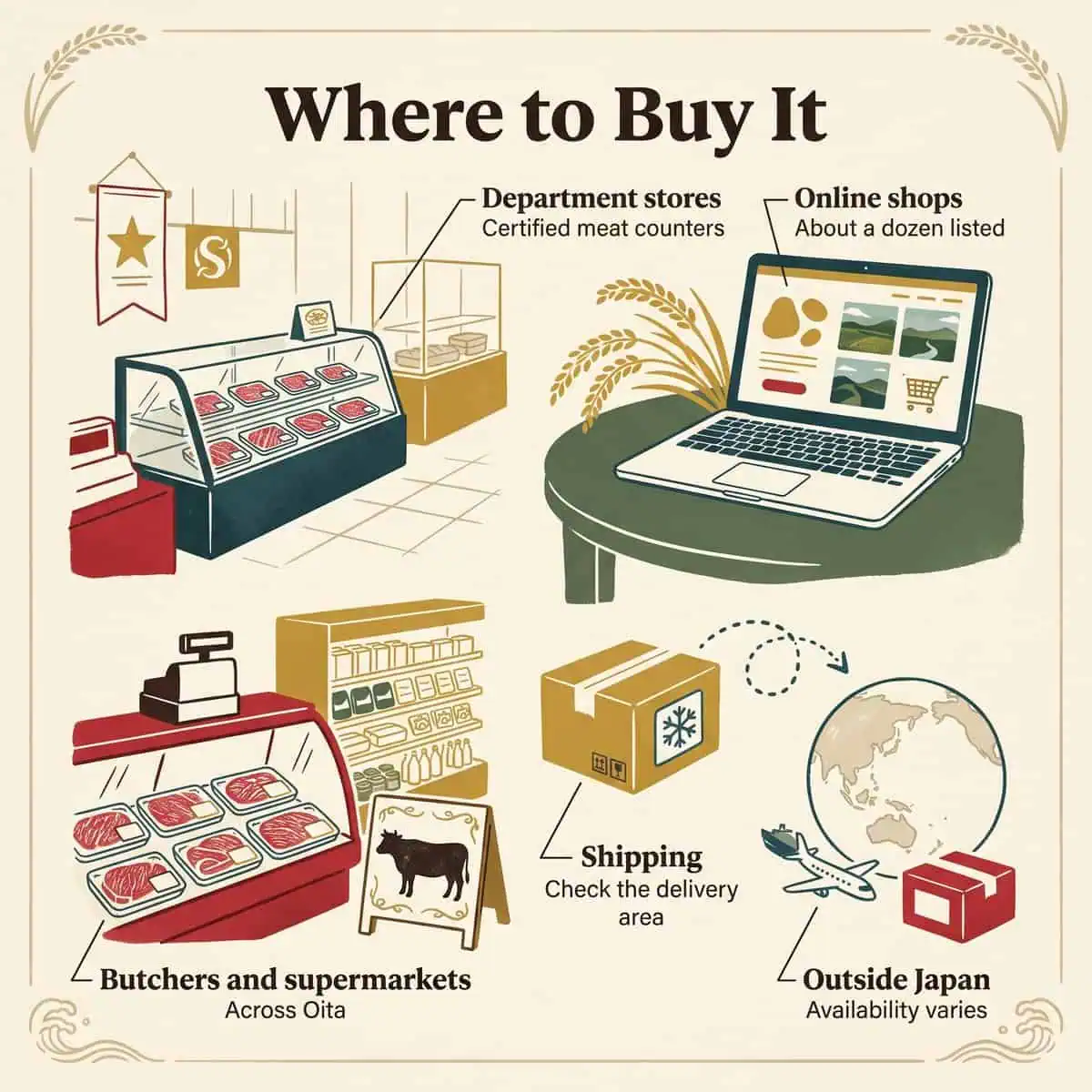 Illustration, wo man Oita Wagyu kaufen kann: Kaufhäuser, Metzgereien, Supermärkte und Online-Shops