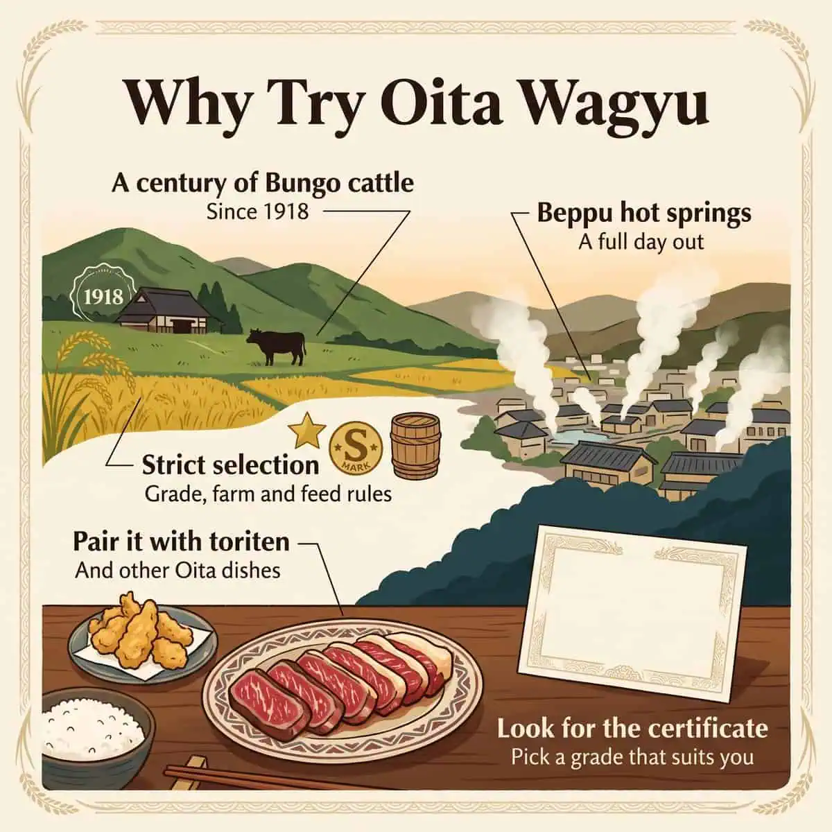 Illustration, warum sich Oita Wagyu zu probieren lohnt, mit Hügeln in Oita, heißen Quellen von Beppu, Toriten und einem Steakteller