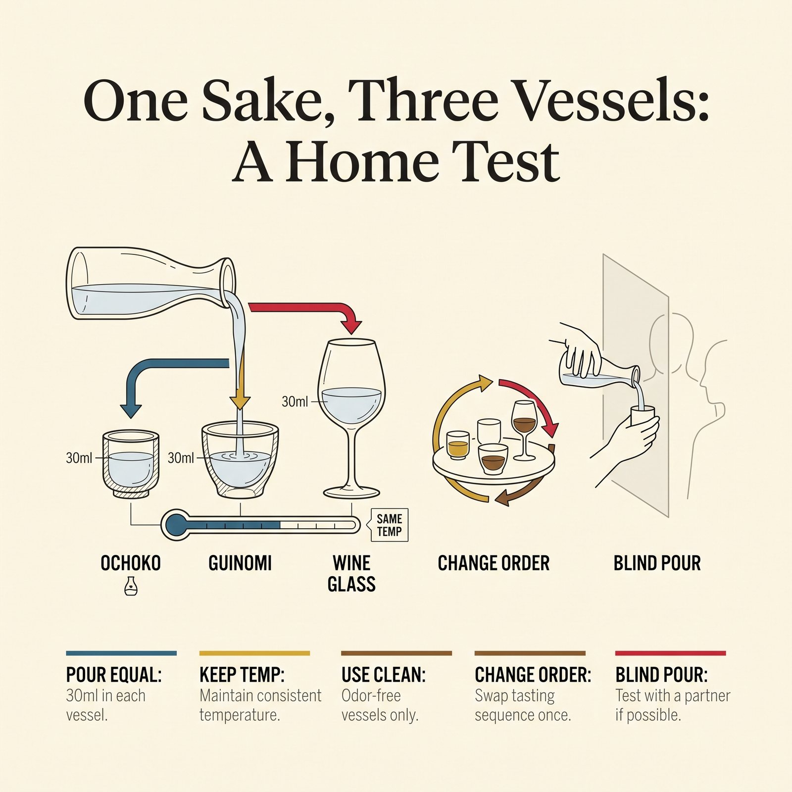 Illustrated steps for a home test of one sake in three vessels