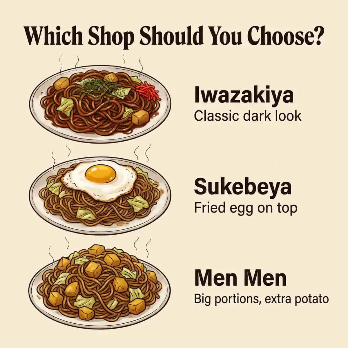 어떤 Ota 야키소바 가게를 고를지 나타낸 그림: Iwazakiya, Sukebeya, Men Men
