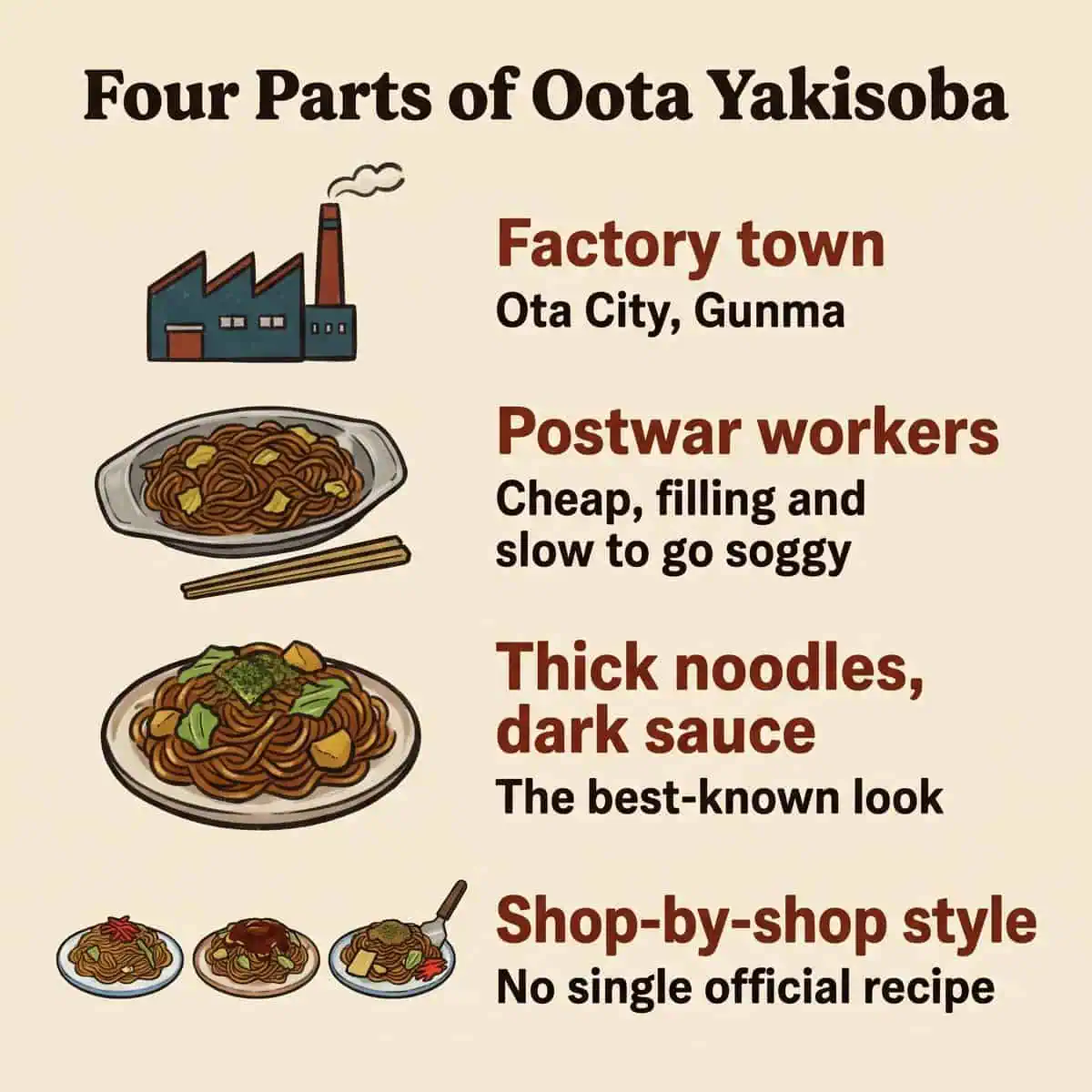 Oota Yakisoba의 네 가지 요소를 나타낸 그림: 공장 도시, 전후의 노동자, 굵은 면과 짙은 소스, 가게마다 다른 스타일