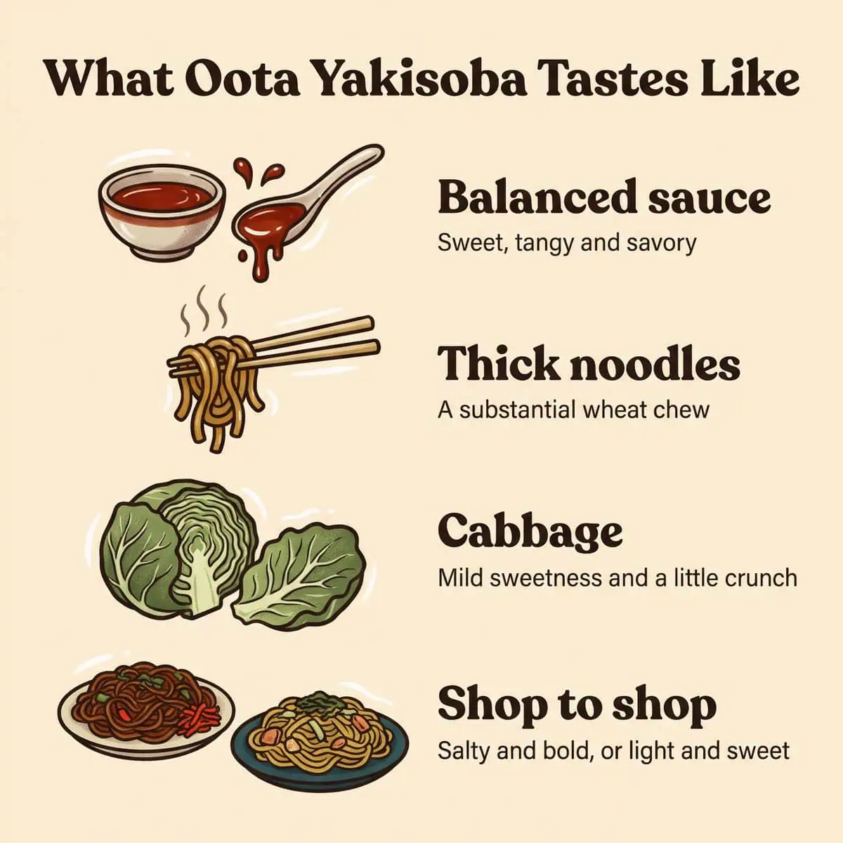 Oota Yakisoba의 맛을 나타낸 그림: 균형 잡힌 소스, 굵은 면, 양배추, 가게마다의 차이