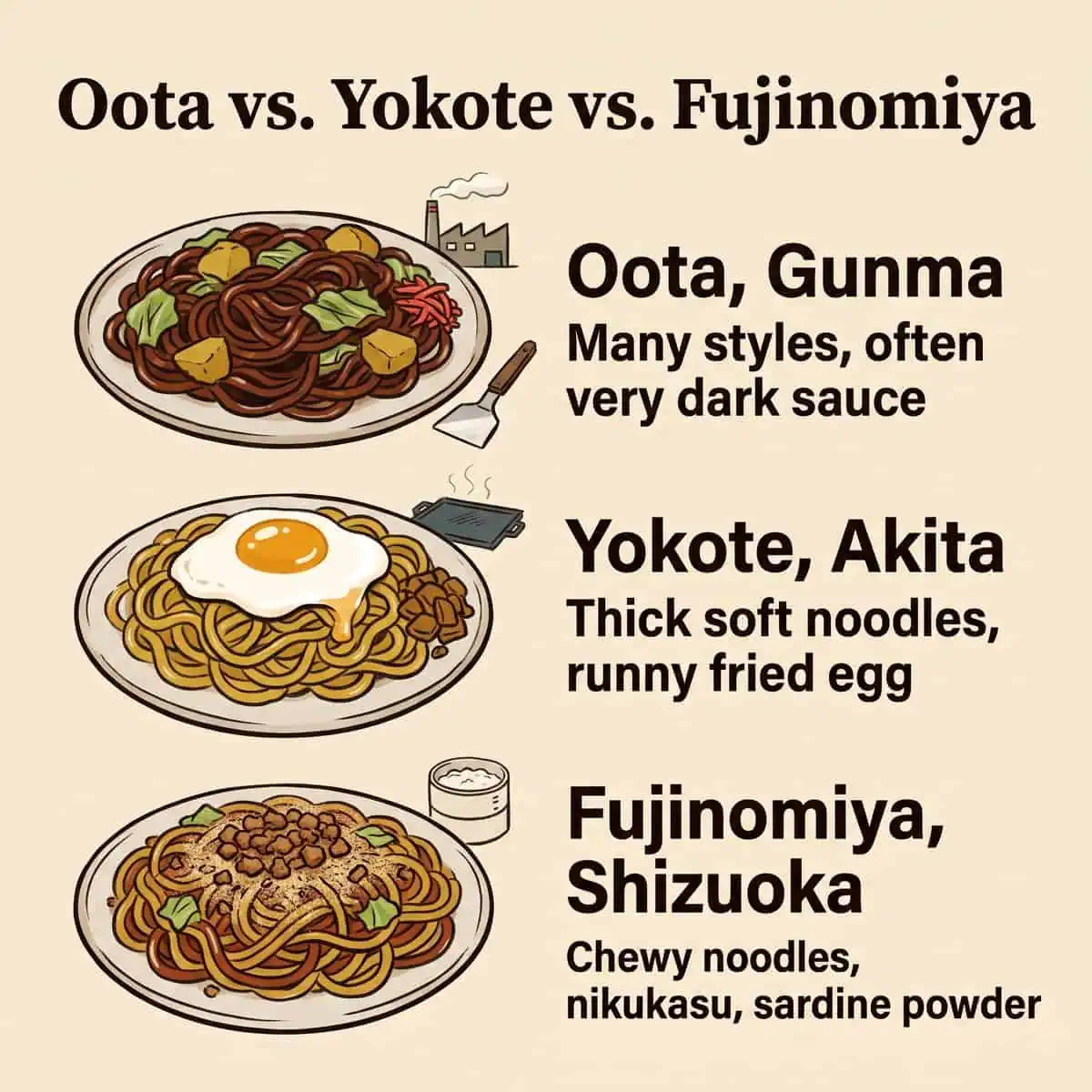 Oota, Yokote, Fujinomiya 야키소바를 비교하는 그림