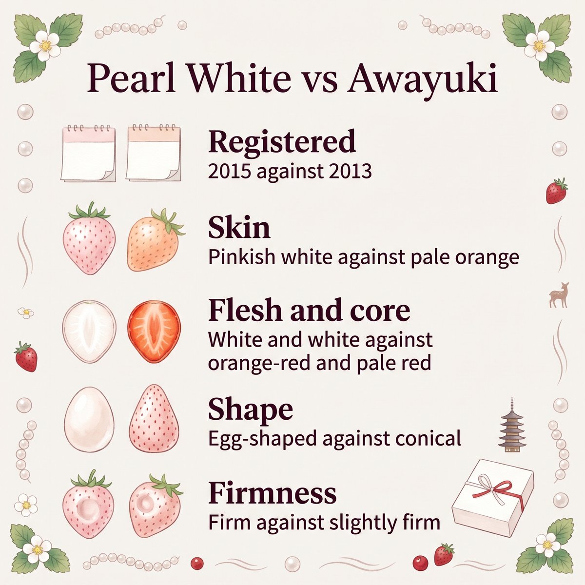 Illustration comparing Pearl White and Awayuki by registration year, skin, flesh and core, shape and firmness