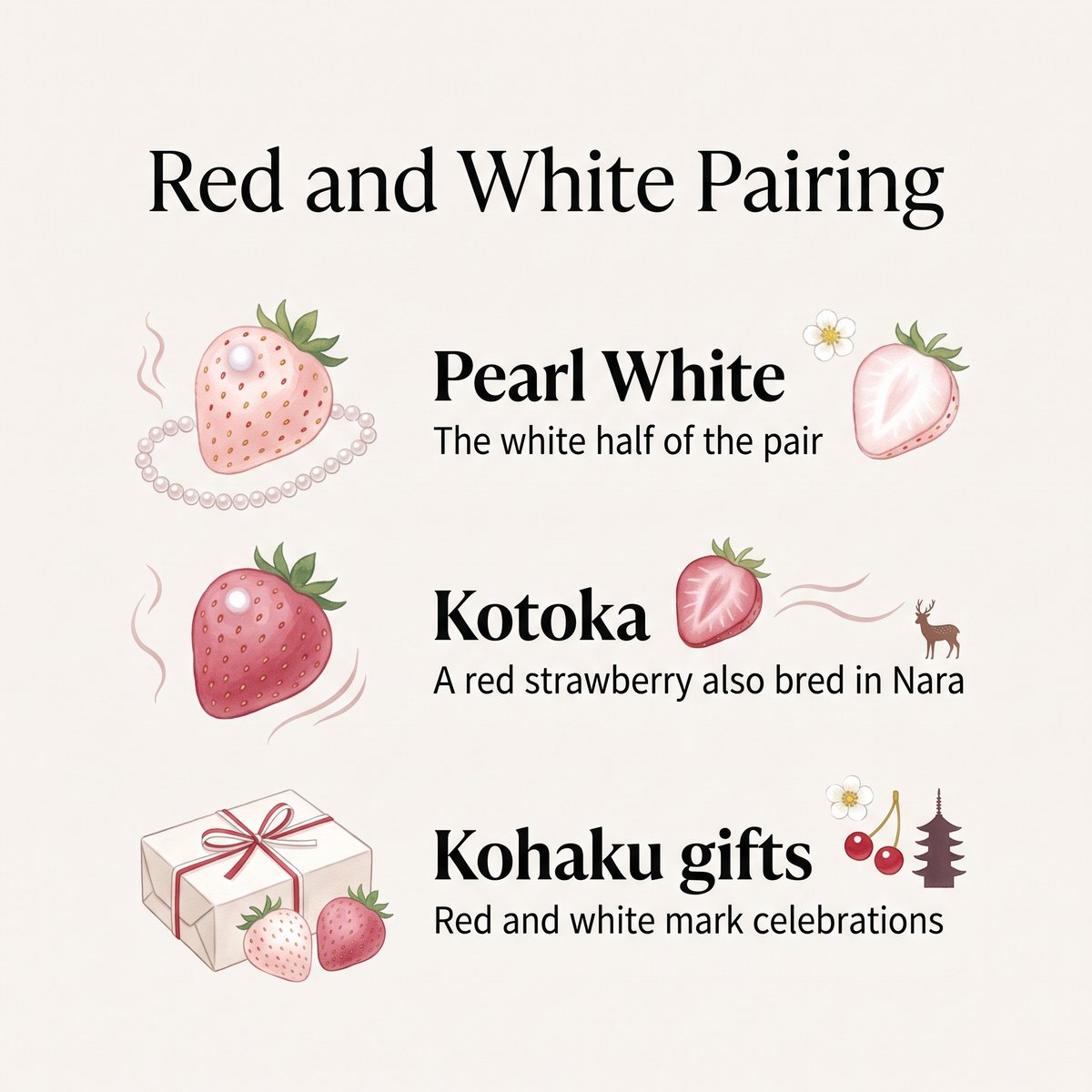 Illustration of the red-and-white pairing of Pearl White and red Kotoka as kohaku gifts