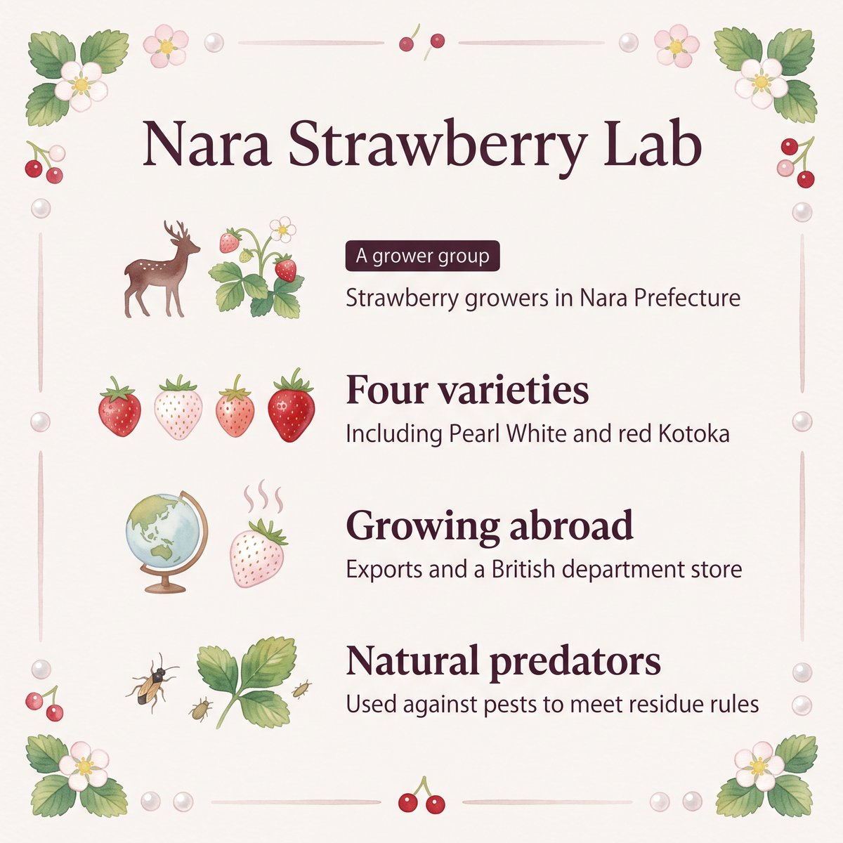 Illustration of Nara Strawberry Lab: a grower group with four varieties, exports abroad and natural predators against pests