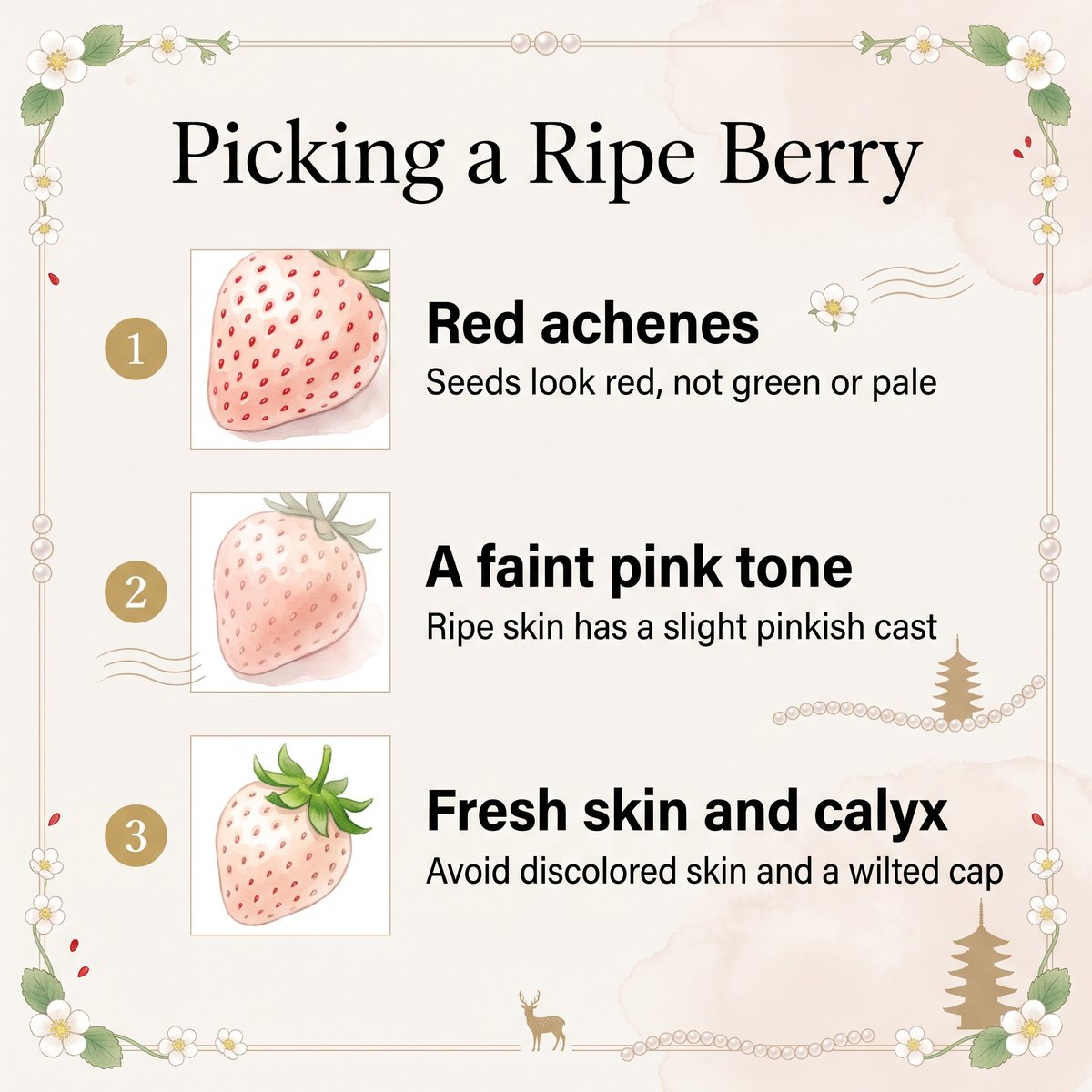 Illustration of three signs of a ripe Pearl White strawberry: red achenes, a faint pink tone and fresh skin and calyx