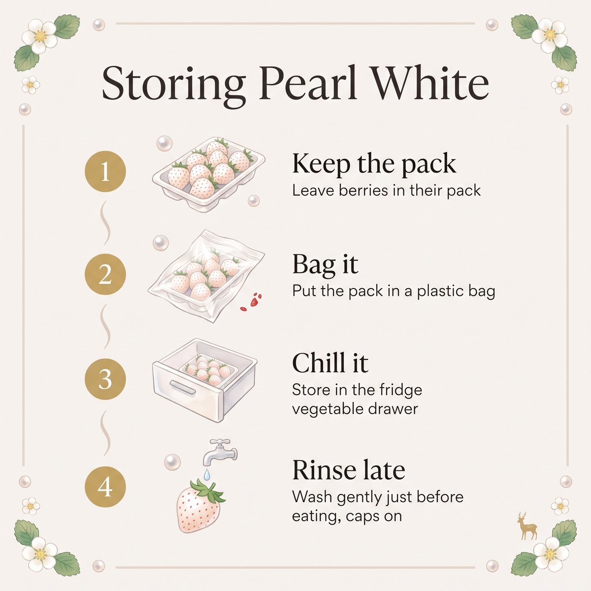 Illustration of four steps for storing Pearl White strawberries: keep the pack, bag it, chill it and rinse late