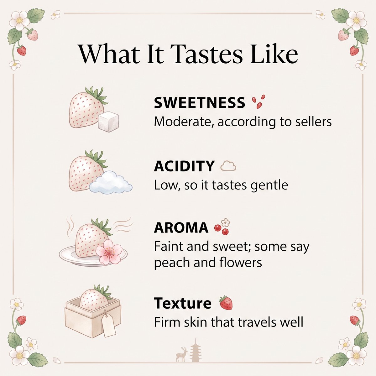 Illustration of how Pearl White tastes: moderate sweetness, low acidity, faint aroma and firm texture