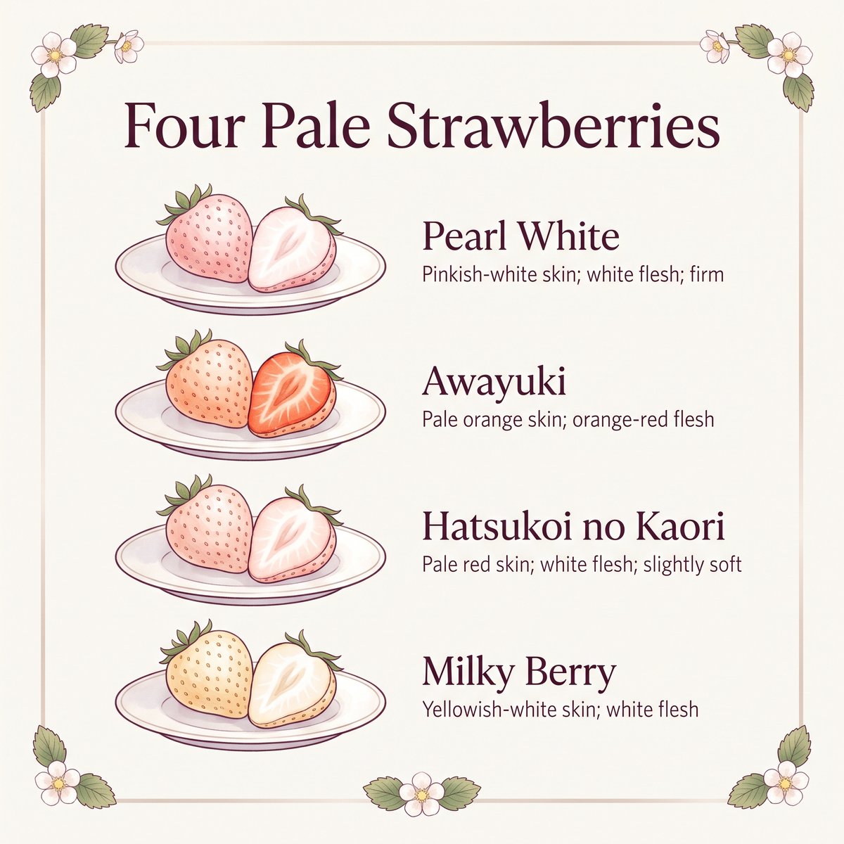 Illustration comparing four pale strawberries: Pearl White, Awayuki, Hatsukoi no Kaori and Milky Berry