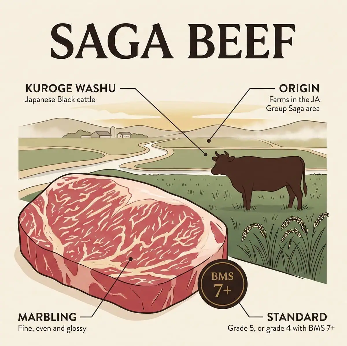 ภาพประกอบ Saga Beef แสดงเนื้อสไลซ์ลายไขมันแทรก วัววากิวขนสีดำในนาข้าวของซากะ และเส้นมาตรฐานคุณภาพ BMS 7+
