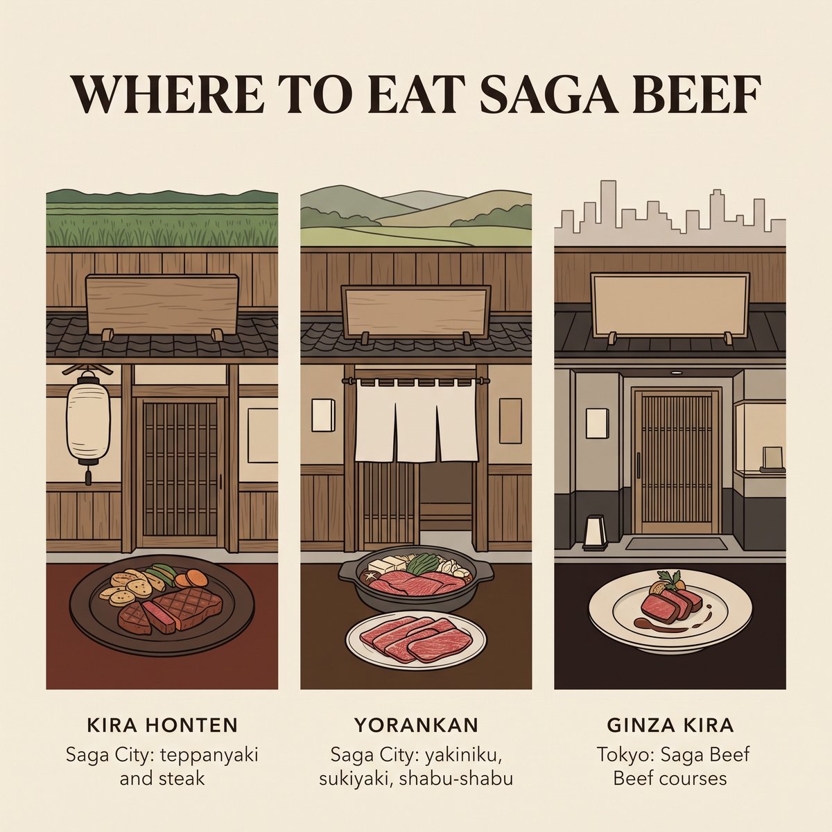 사가규 레스토랑 Kira Honten, Yorankan, Ginza Kira를 보여 주는 일러스트