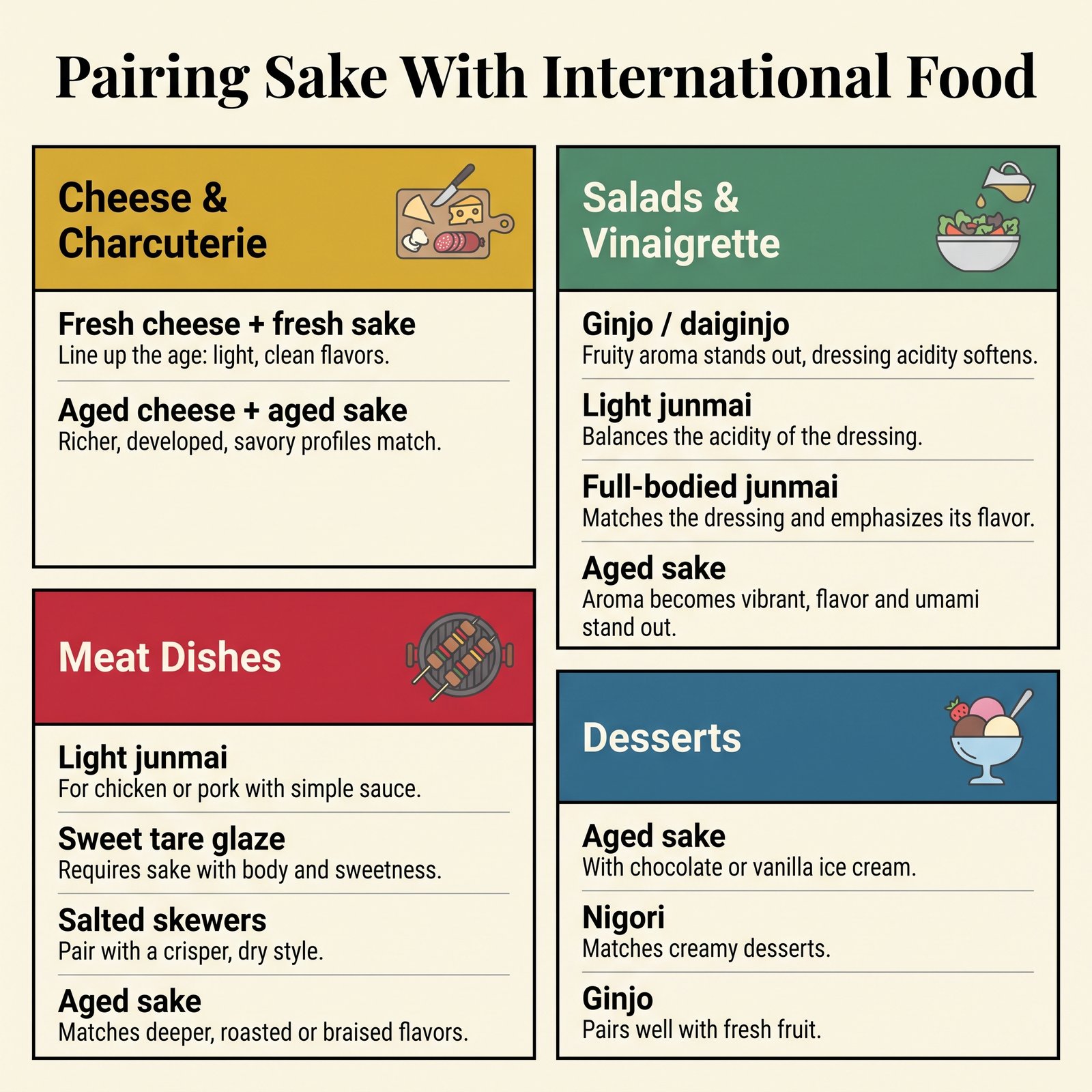 Sake pairings for cheese, salads, meat and desserts