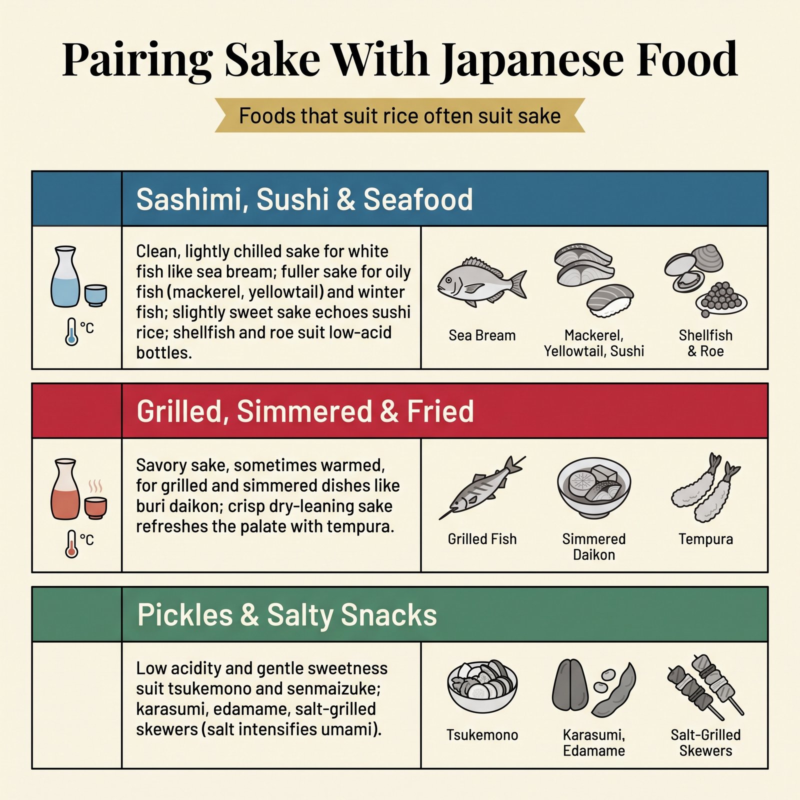 Sake pairings for sashimi and sushi, grilled and simmered dishes, and pickles and salty snacks