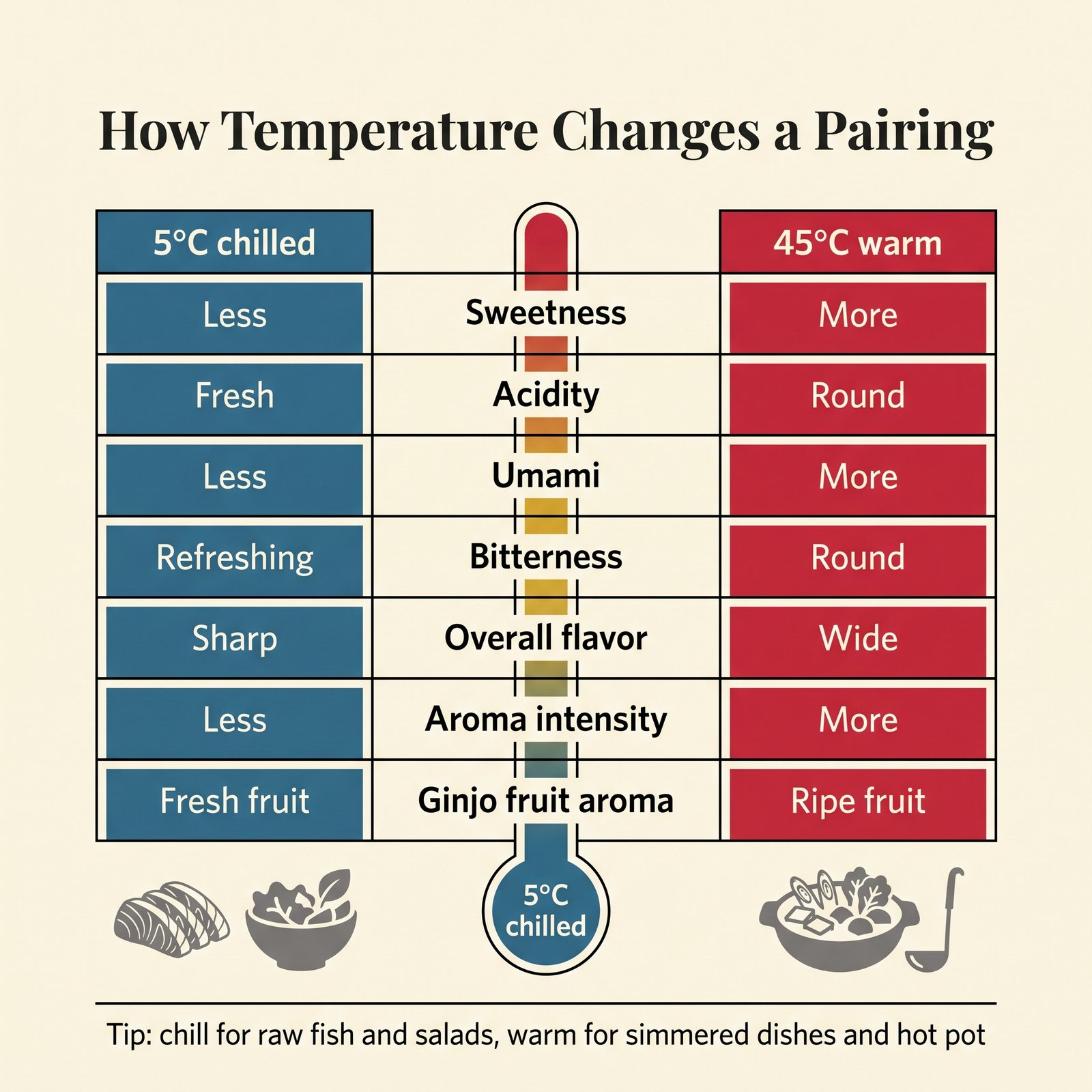 Table comparing sake characteristics at 5°C and 45°C