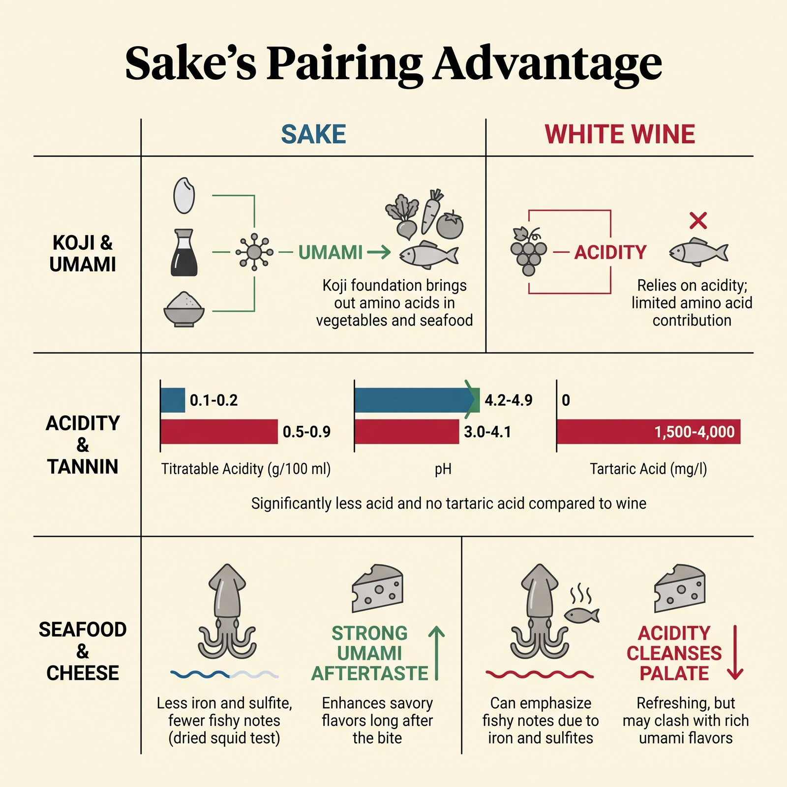 Comparison of sake and white wine: koji and umami, acidity and tannin, seafood and cheese