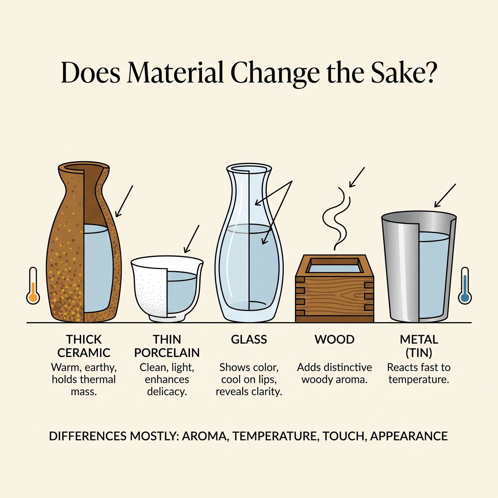 Illustrated guide to how sake vessel materials affect aroma, temperature and touch