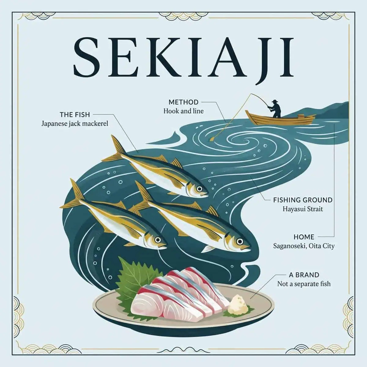 Illustration of Sekiaji: jack mackerel swimming in the Hayasui Strait currents, a hook-and-line fishing boat and a plate of sashimi
