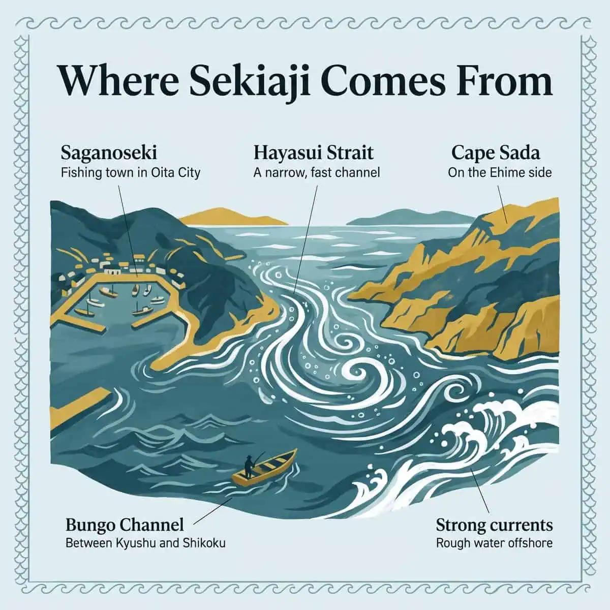 Illustration of where Sekiaji comes from: Saganoseki fishing port, the Hayasui Strait whirlpool currents and Cape Sada
