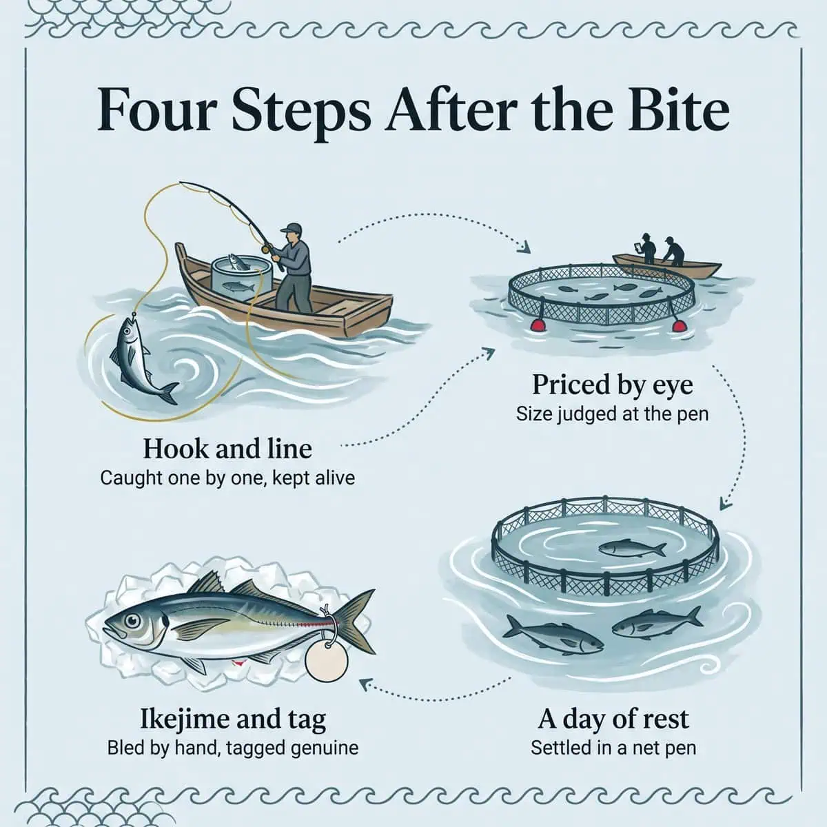 Illustration of four steps after the bite: hook-and-line catch, pricing by eye, a day of rest in a net pen and ikejime with a brand tag