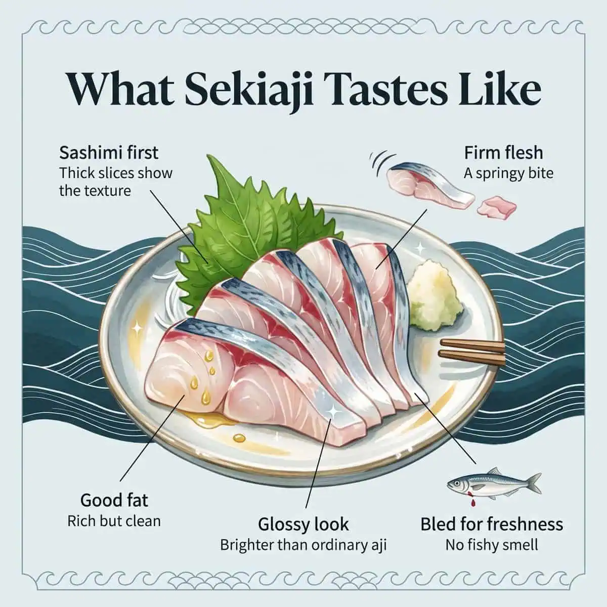 Illustration of Sekiaji sashimi on a plate with shiso, ginger and chopsticks, showing thick slices, firm flesh and glossy fat