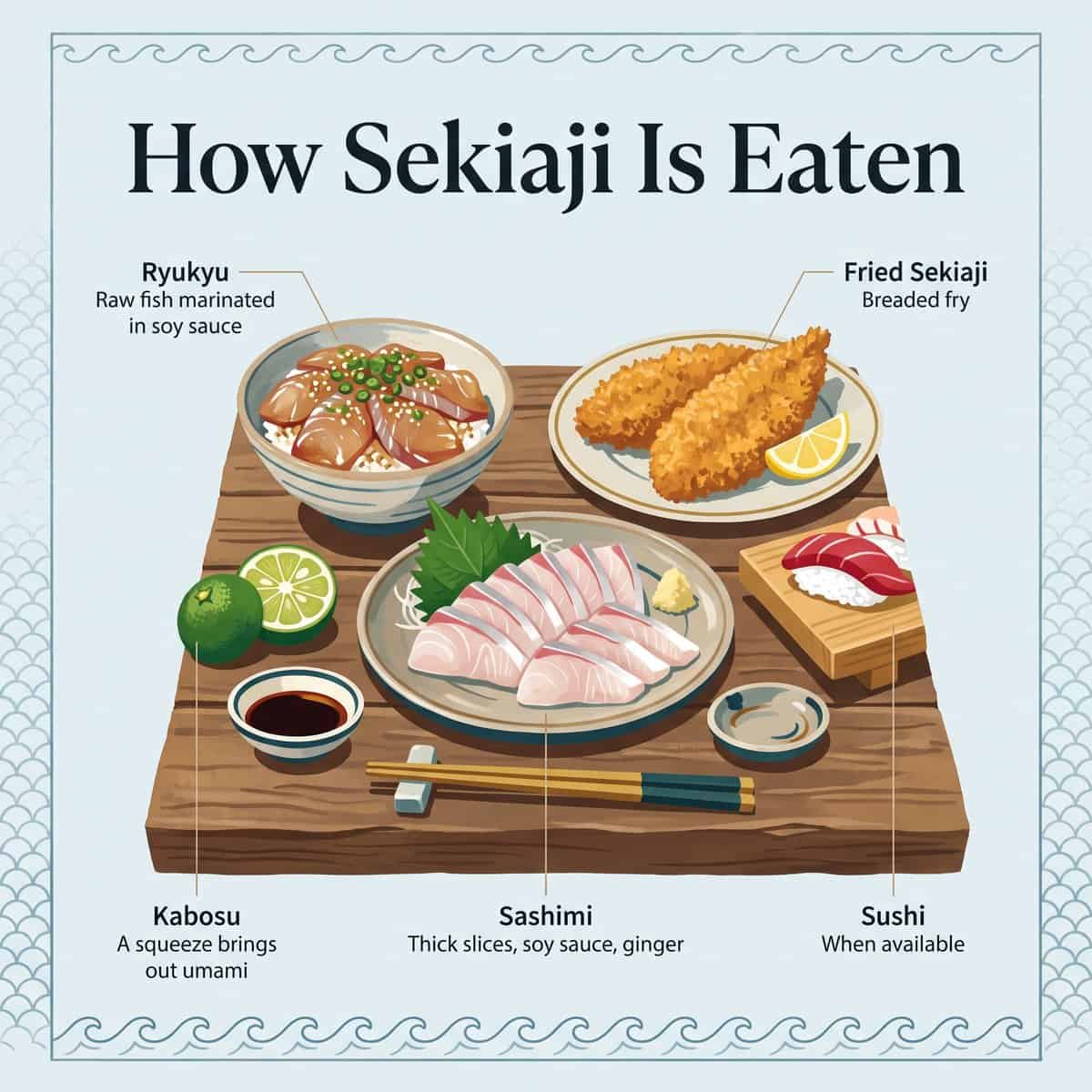 Illustration of ways to eat Sekiaji: sashimi, ryukyu rice bowl, fried Sekiaji, sushi and kabosu citrus