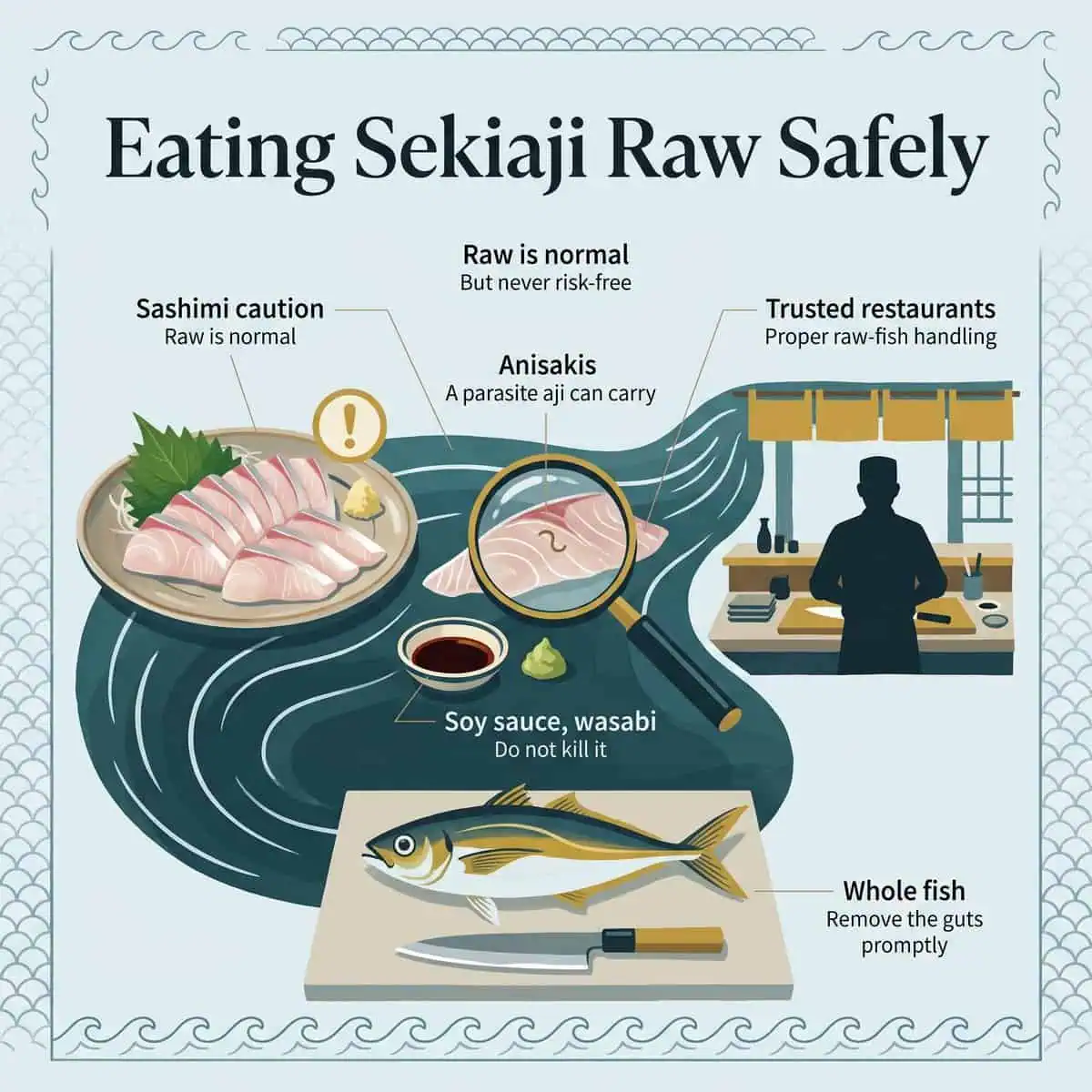 Illustration of eating Sekiaji raw safely: sashimi, a magnifying glass over a parasite, a trusted sushi counter and a whole fish being gutted