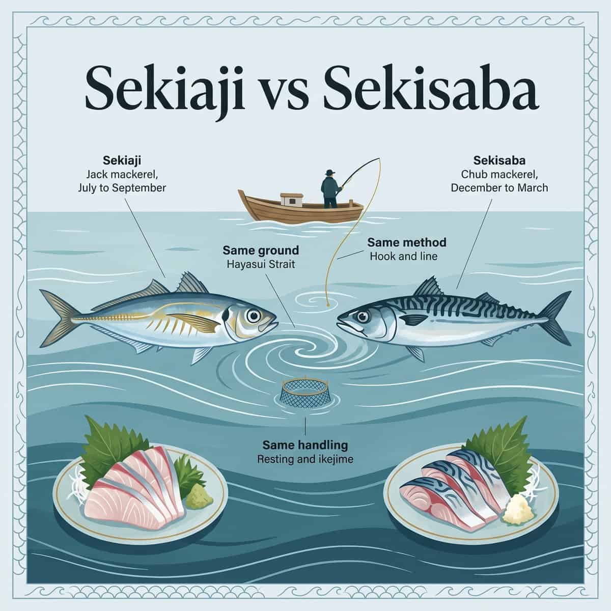 Illustration comparing Sekiaji and Sekisaba swimming in the same Hayasui Strait waters with sashimi of each