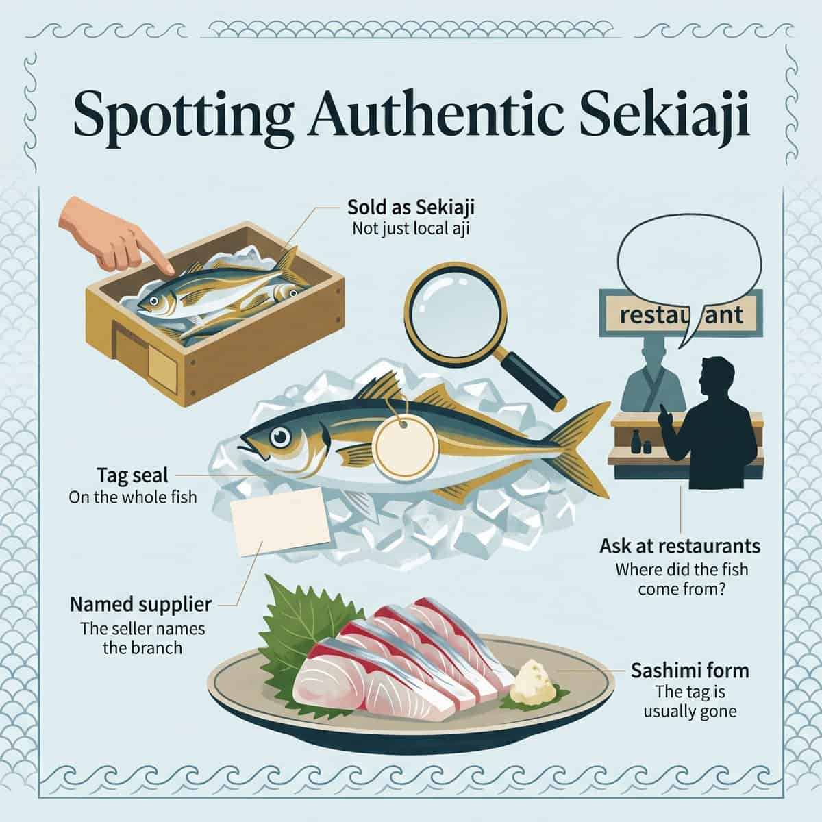 Illustration of how to recognize authentic Sekiaji: a tag seal on the whole fish, a named supplier and asking restaurants where the fish came from