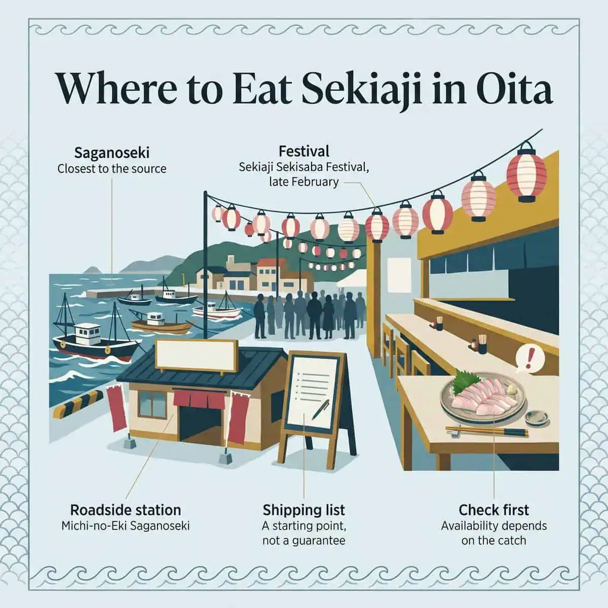 Illustration of where to eat Sekiaji in Oita: Saganoseki port, a roadside station, a festival with lanterns and a sashimi meal