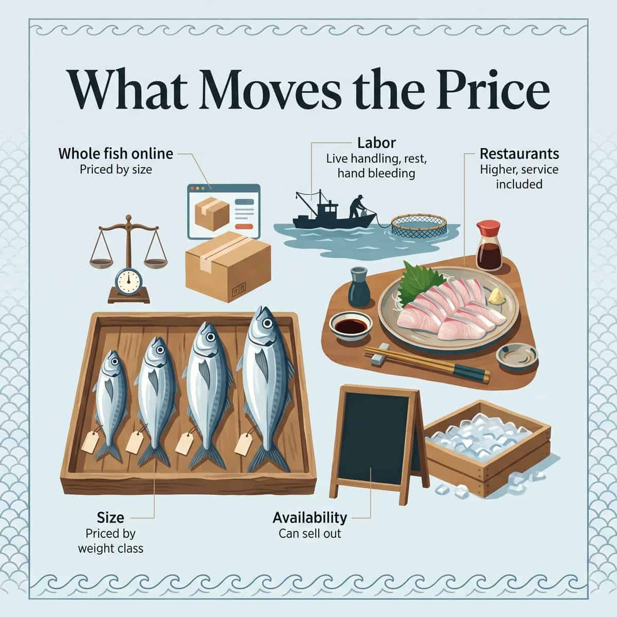 Illustration of what moves the price of Sekiaji: fish size, online sales, hand handling and restaurant service