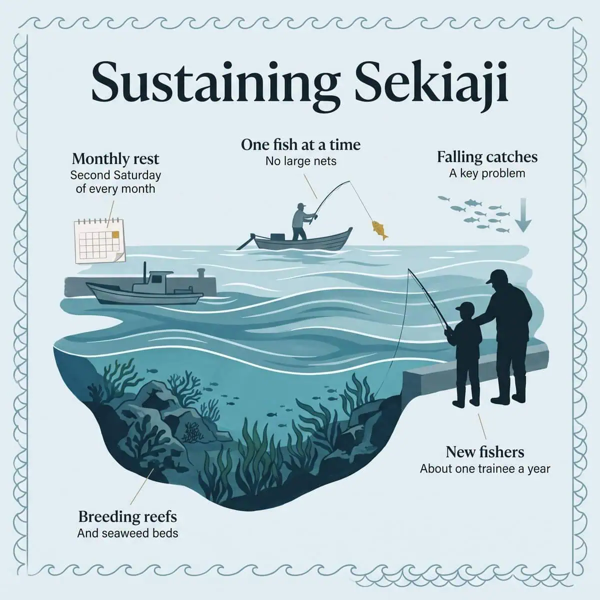 Illustration of sustaining Sekiaji: a monthly rest day, one-by-one hook-and-line fishing, breeding reefs and new fishers