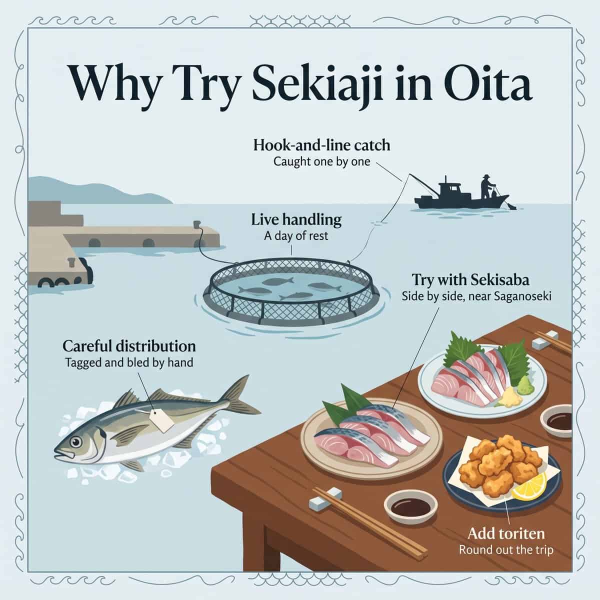 Illustration of why to try Sekiaji in Oita: a hook-and-line boat, a net pen, a tagged fish and a table with sashimi and fried fish