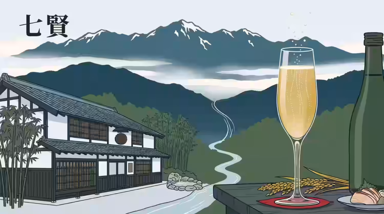 Shichiken sake illustration with the brand name 七賢 written in kanji