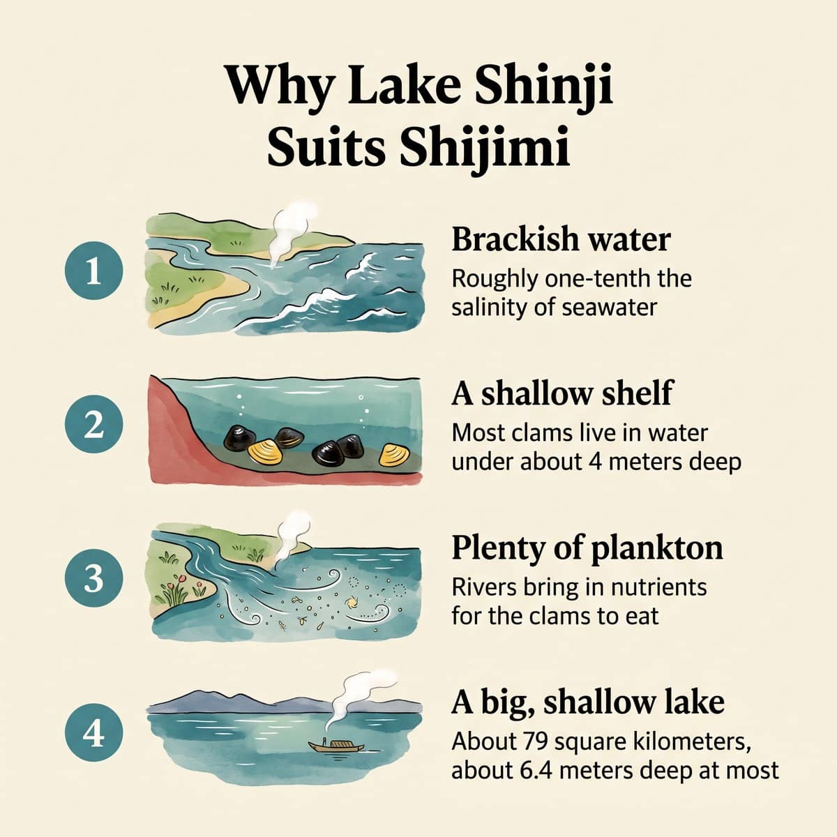 Quatre faits illustrés expliquant pourquoi le lac Shinji convient aux shijimi : eau saumâtre, plateau peu profond, beaucoup de plancton et grand lac peu profond