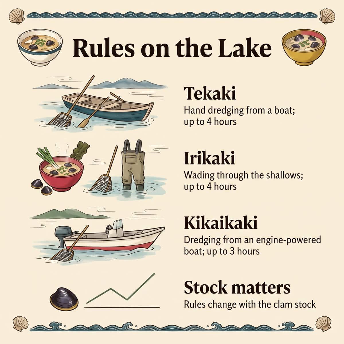 Liste illustrée des méthodes de pêche des shijimi du lac Shinji, tekaki, irikaki et kikaikaki, et de la façon dont les règles changent selon le stock de palourdes