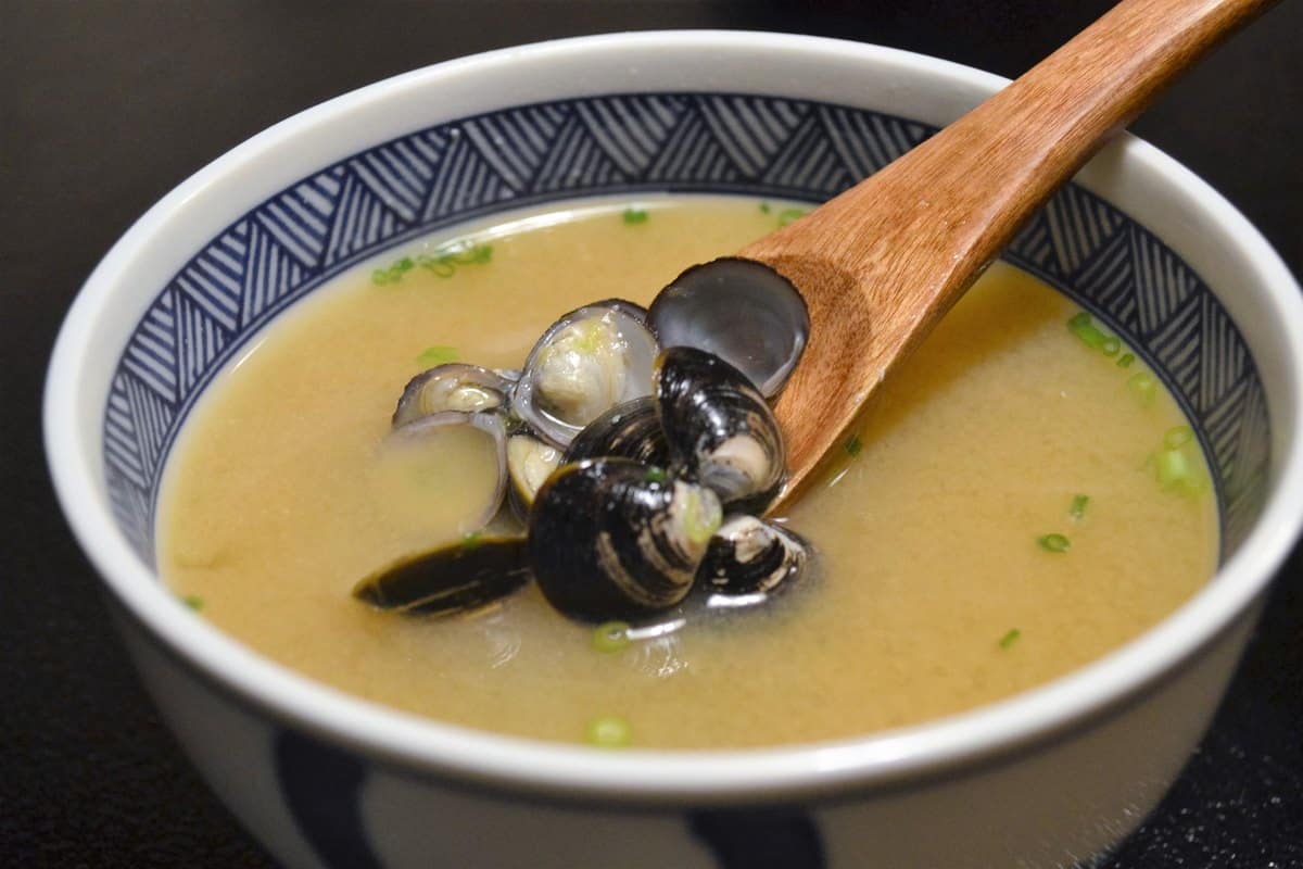 Un bol de soupe miso shijimi jiru avec des palourdes shijimi sur une cuillère en bois