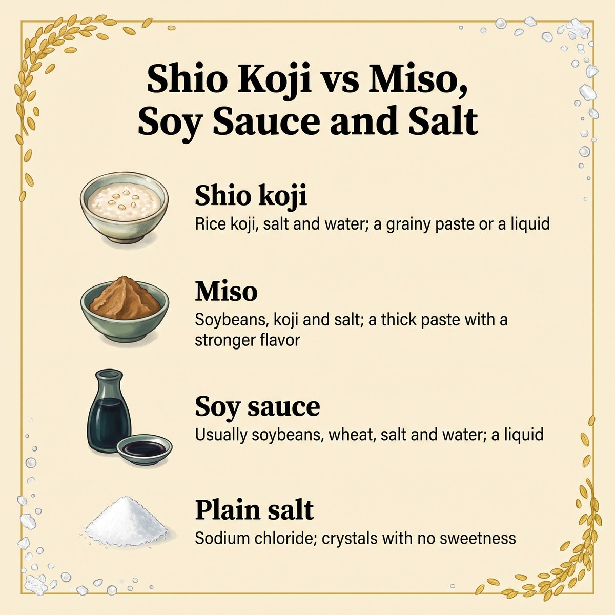 Comparaison illustrée du shio koji, du miso, de la sauce soja et du sel ordinaire selon leurs ingrédients et leur forme