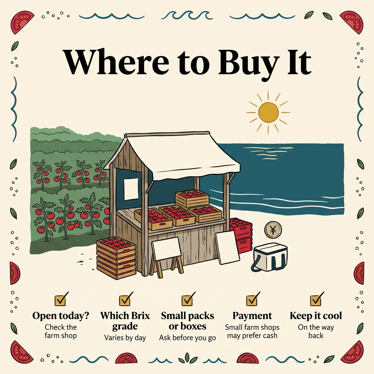 รายการตรวจสอบเมื่อซื้อ Shio Tomato ที่ร้านค้าของฟาร์ม: เวลาเปิด เกรด Brix ขนาดแพ็ก การชำระเงิน และการรักษาความเย็น