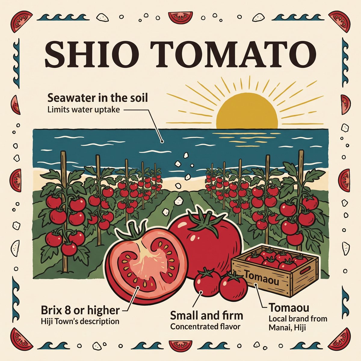 Shio Tomato: ไร่มะเขือเทศริมทะเลชายฝั่ง พร้อมมะเขือเทศสุกผ่าครึ่งและลังมะเขือเทศ Tomaou