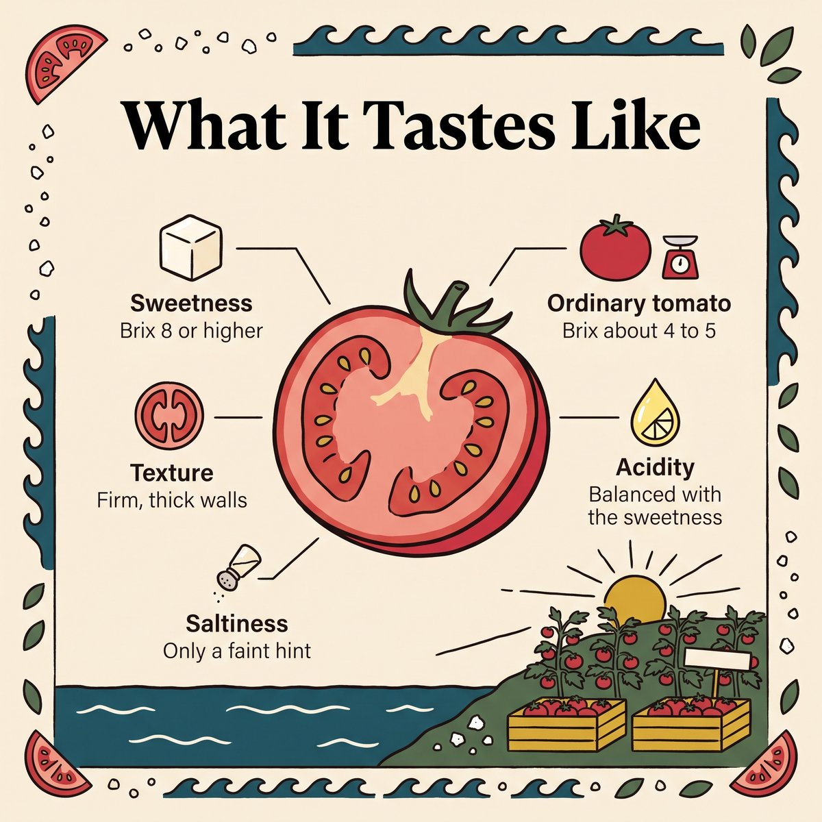 รสชาติของ Shio Tomato: ความหวานที่ค่า Brix 8 ขึ้นไป ความเปรี้ยวที่สมดุล รสเค็มจาง ๆ และผนังผลที่แน่นหนา