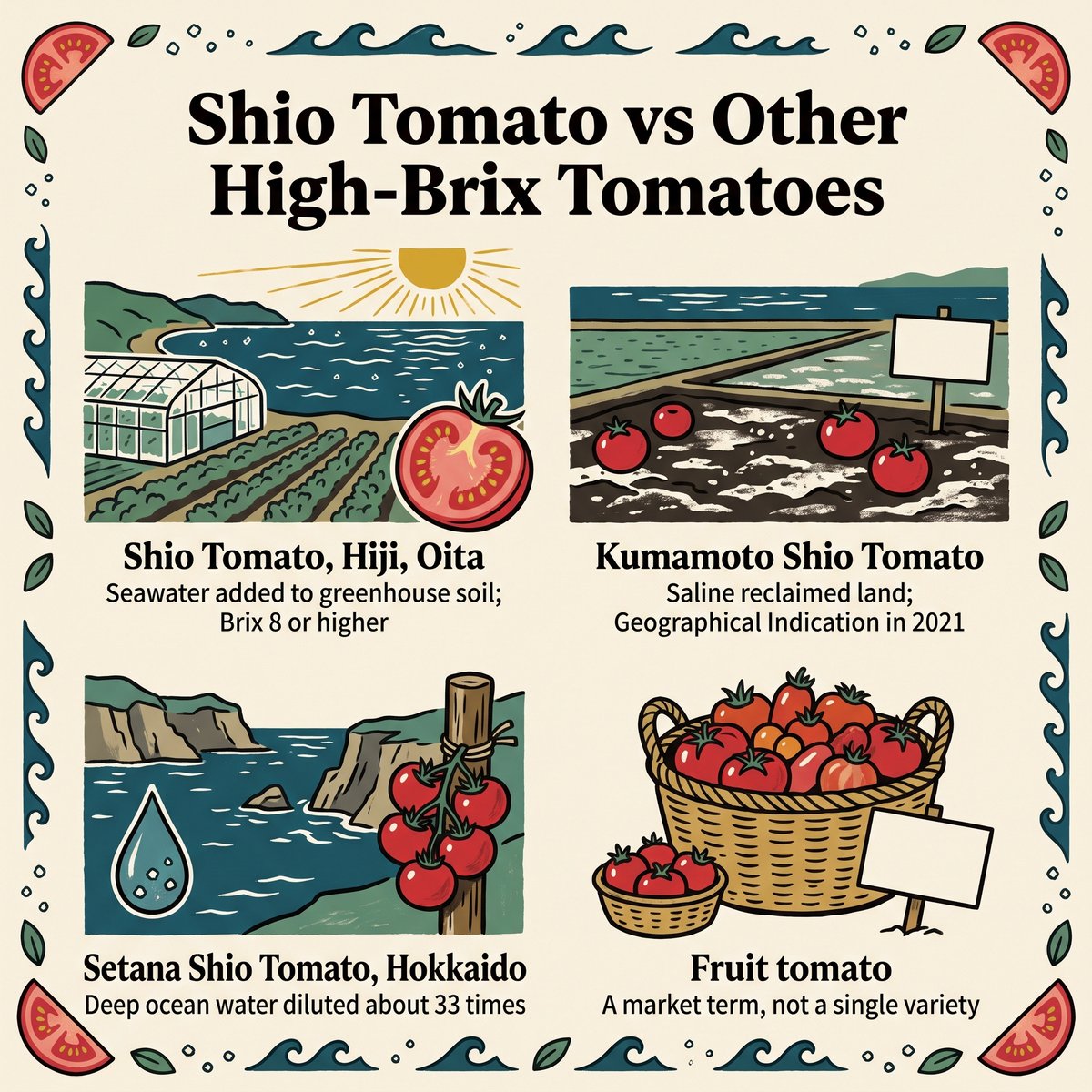 เปรียบเทียบ Shio Tomato จาก Hiji, Kumamoto Shio Tomato, Setana Shio Tomato และมะเขือเทศผลไม้ทั่วไป