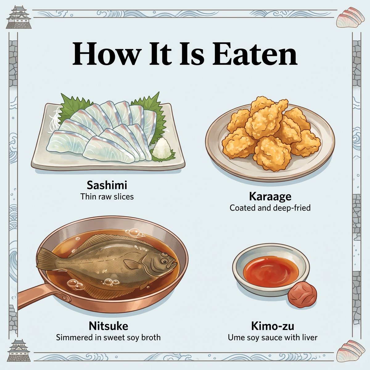 城下かれいの食べ方:刺身、唐揚げ、煮付け、肝酢