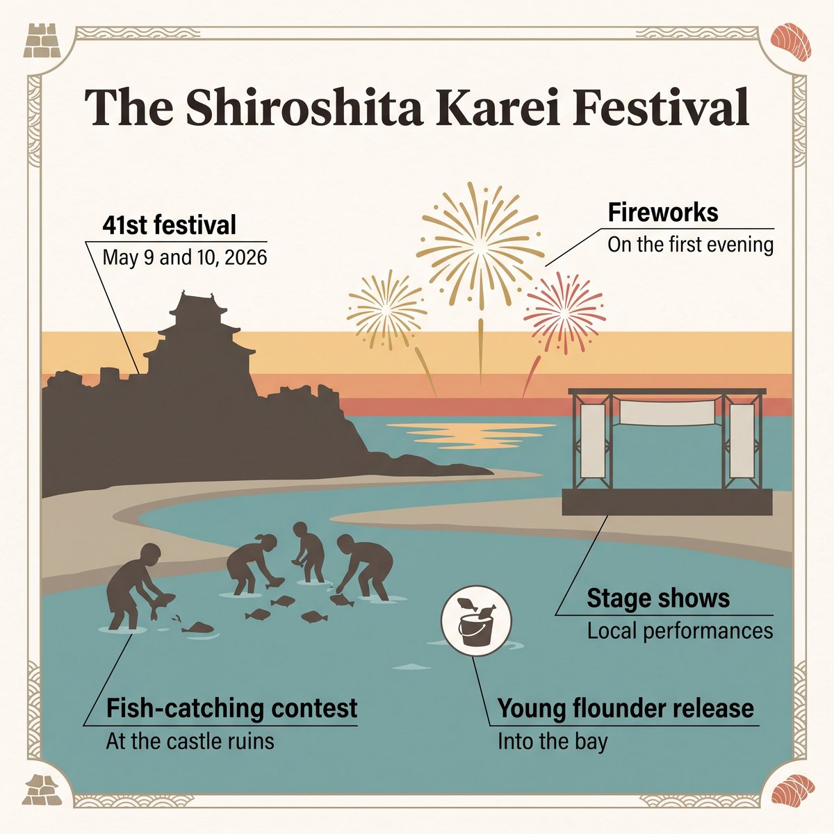 日出城跡での城下かれい祭り:魚つかみ大会、カレイの稚魚の放流、ステージイベント、花火