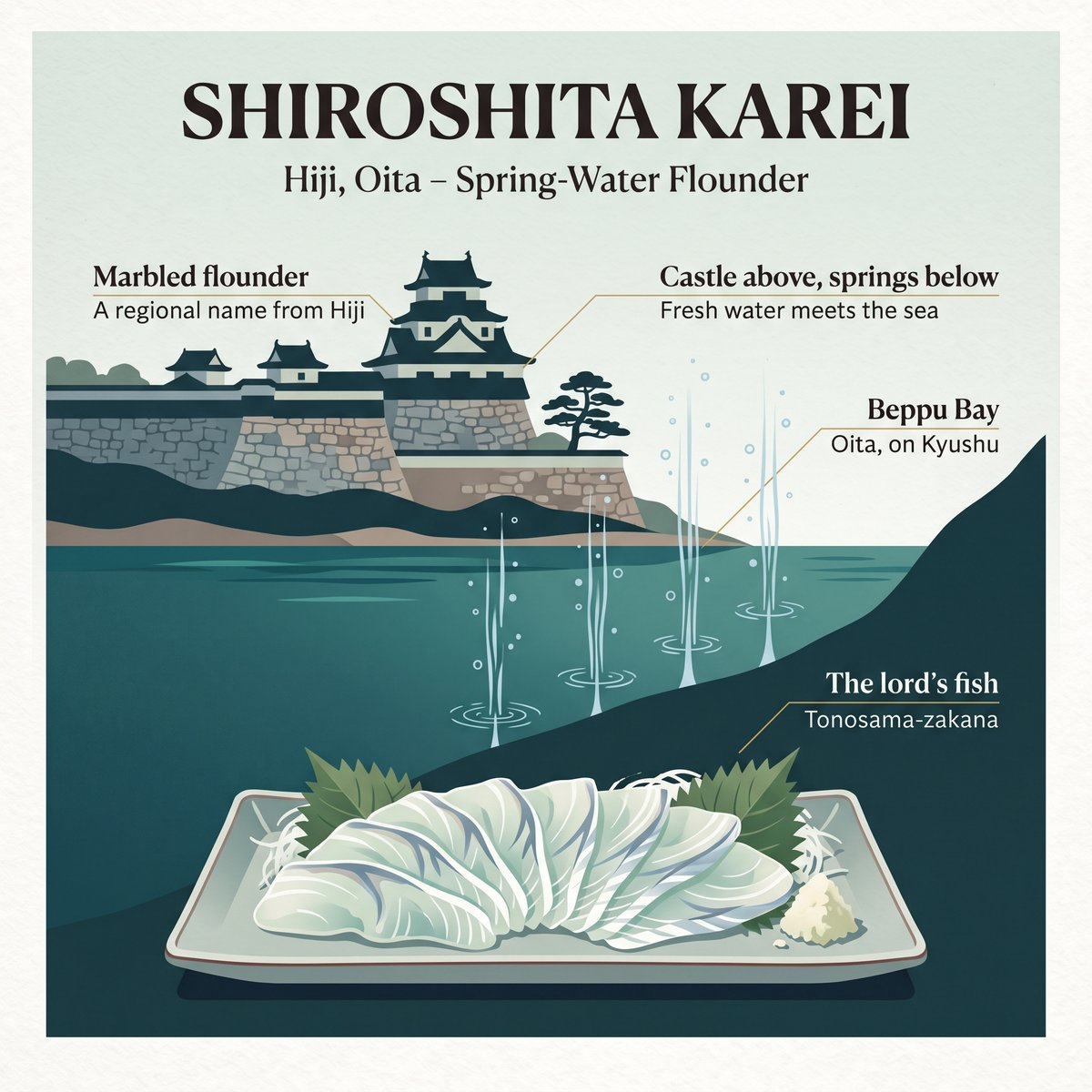 城下かれい:別府湾の湧水の上にある日出城と、マコガレイの刺身の皿
