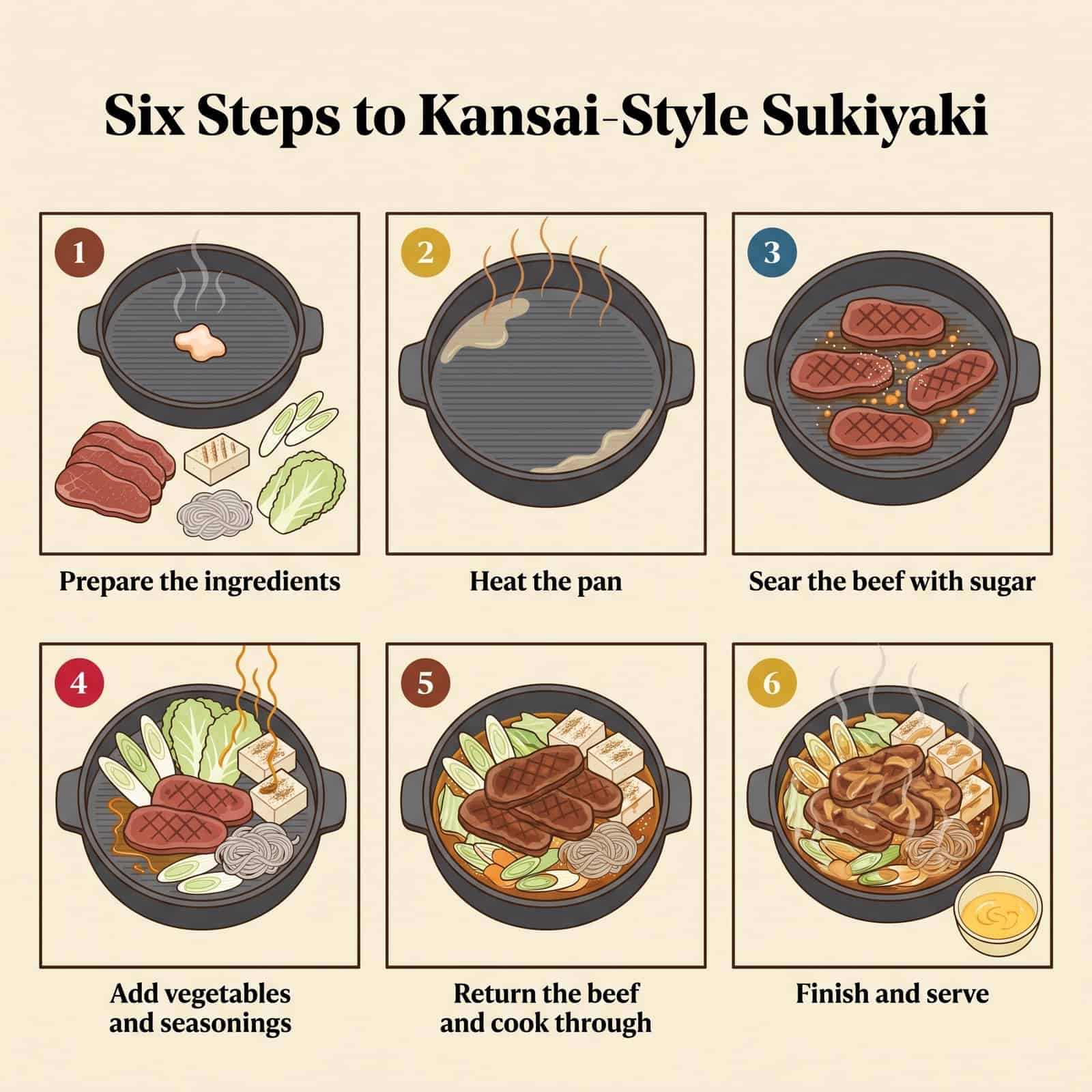 Schéma des six étapes du sukiyaki style Kansai : préparer, chauffer la poêle, saisir le bœuf avec du sucre, ajouter légumes et assaisonnements, remettre le bœuf, finir et servir